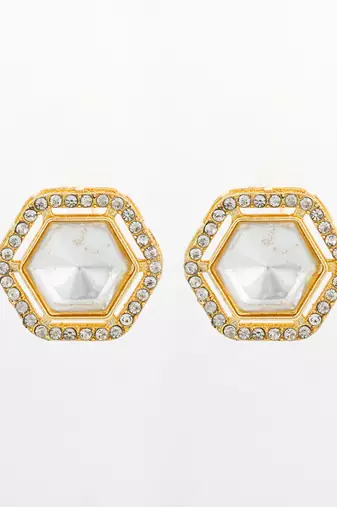 hexagonal crystal stud earrings with clear stones