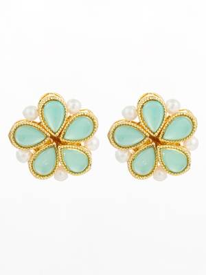 gold plated mint green floral stud earrings with pearls 2