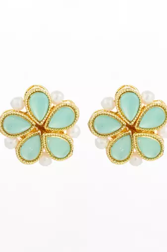 gold plated mint green floral stud earrings with pearls