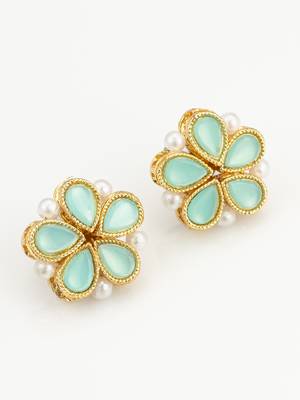 gold plated mint green floral stud earrings with pearls 3