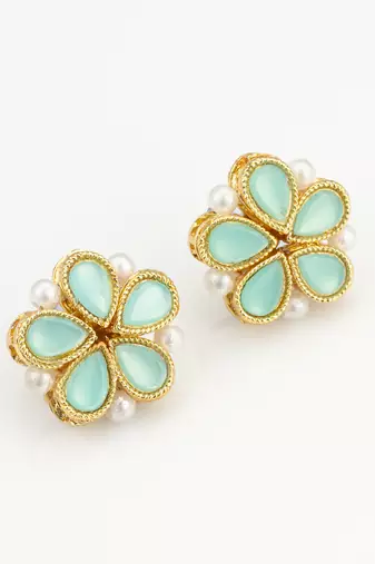 gold plated mint green floral stud earrings with pearls