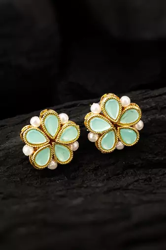 gold plated mint green floral stud earrings with pearls