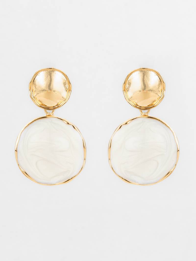 textured gold plated round statement earrings â€“ white marble finish