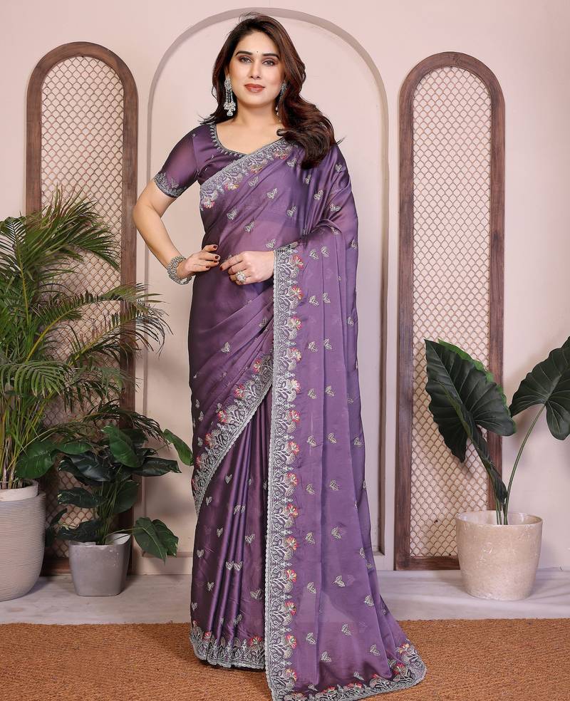 Women’s Purple Embroidered Saree