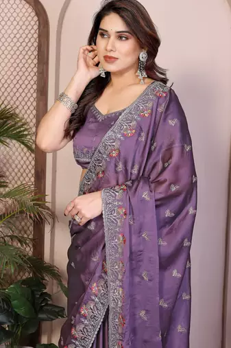 Women’s Purple Embroidered Saree