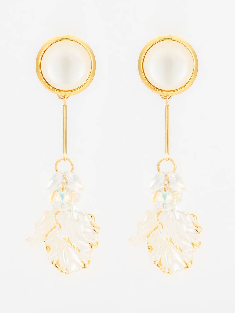 crystal bloom long leaf earrings in gold finish