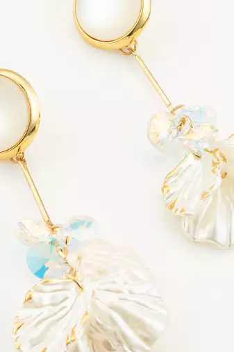 crystal bloom long leaf earrings in gold finish