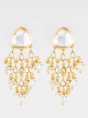 gold plated white kundan chandbali earrings with pearl drops for traditional wear 1