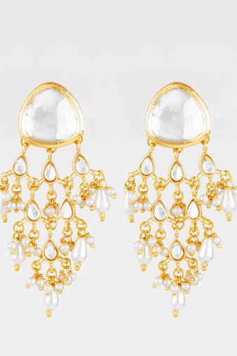 gold plated white kundan chandbali earrings with pearl drops for traditional wear