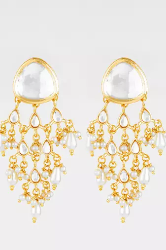 gold plated white kundan chandbali earrings with pearl drops for traditional wear