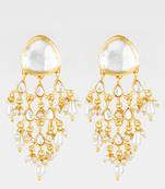 gold plated white kundan chandbali earrings with pearl drops for traditional wear
