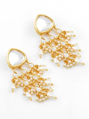 gold plated white kundan chandbali earrings with pearl drops for traditional wear 2