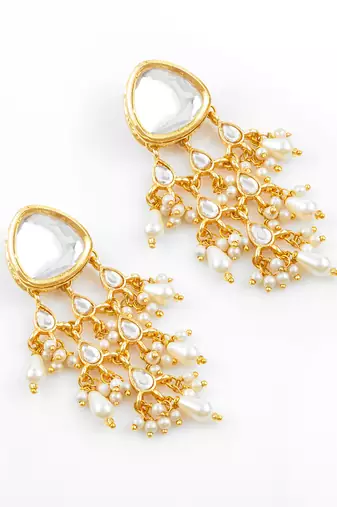 gold plated white kundan chandbali earrings with pearl drops for traditional wear