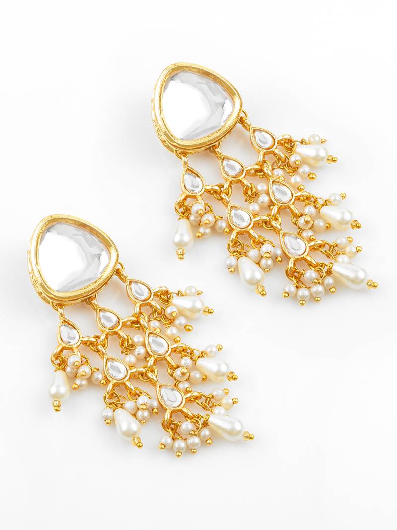 gold plated white kundan chandbali earrings with pearl drops for traditional wear