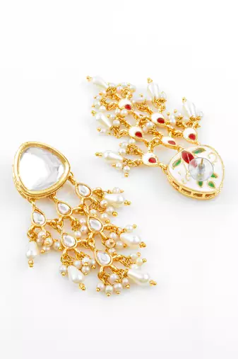 gold plated white kundan chandbali earrings with pearl drops for traditional wear