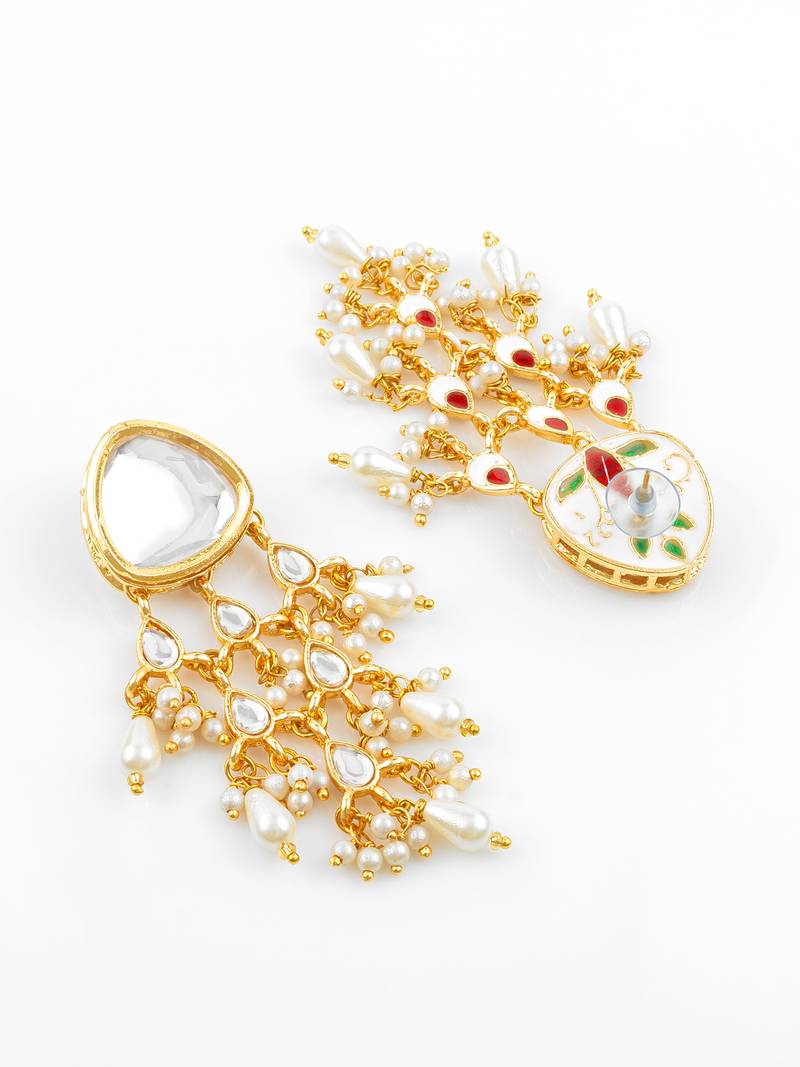 gold plated white kundan chandbali earrings with pearl drops for traditional wear
