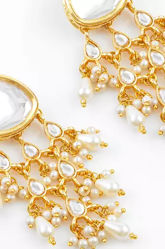 gold plated white kundan chandbali earrings with pearl drops for traditional wear