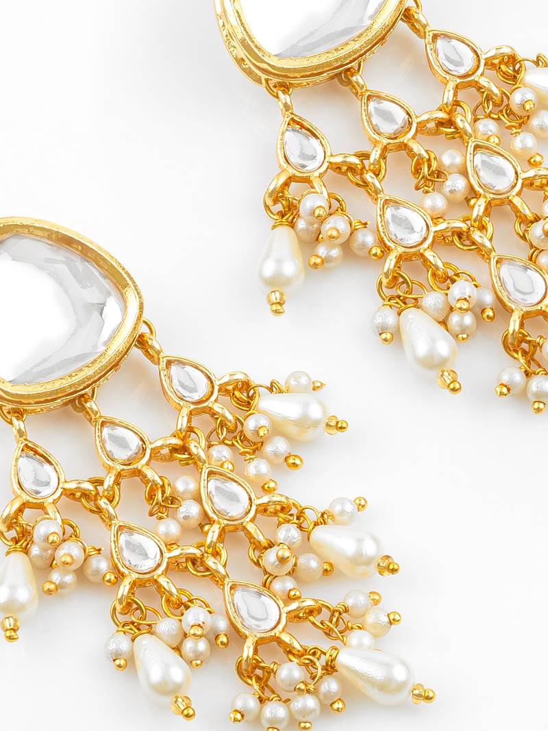 gold plated white kundan chandbali earrings with pearl drops for traditional wear