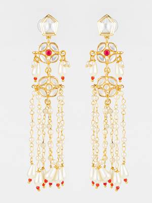 gold plated traditional kundan & pearl long chain earrings for women & girls 1