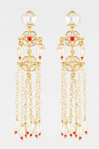 gold plated traditional kundan & pearl long chain earrings for women & girls