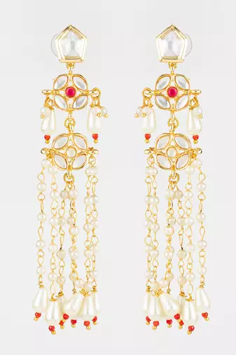 gold plated traditional kundan & pearl long chain earrings for women & girls