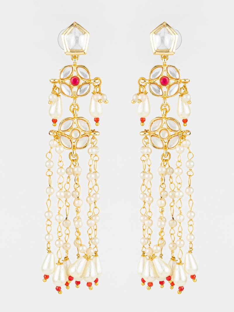 gold plated traditional kundan & pearl long chain earrings for women & girls