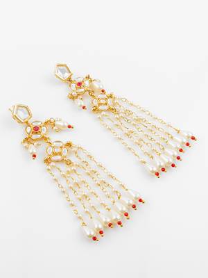 gold plated traditional kundan & pearl long chain earrings for women & girls 2