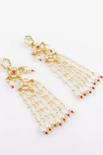 gold plated traditional kundan & pearl long chain earrings for women & girls