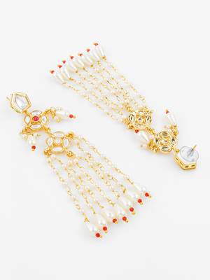 gold plated traditional kundan & pearl long chain earrings for women & girls 3