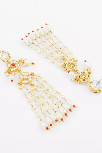 gold plated traditional kundan & pearl long chain earrings for women & girls
