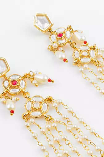 gold plated traditional kundan & pearl long chain earrings for women & girls