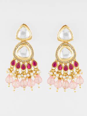 gold plated kundan & pink beaded chandbali earrings for women and girls 1