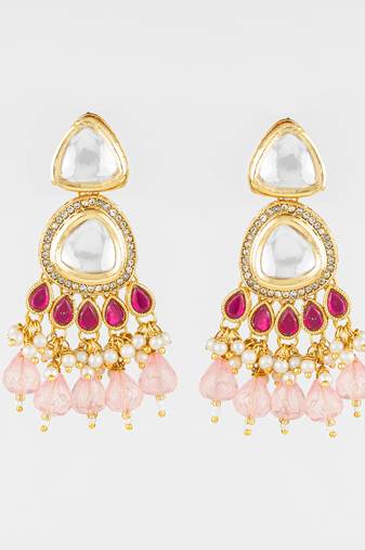 gold plated kundan & pink beaded chandbali earrings for women and girls