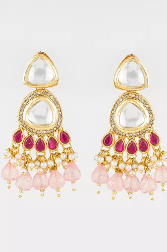 gold plated kundan & pink beaded chandbali earrings for women and girls