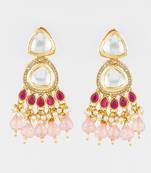 gold plated kundan & pink beaded chandbali earrings for women and girls