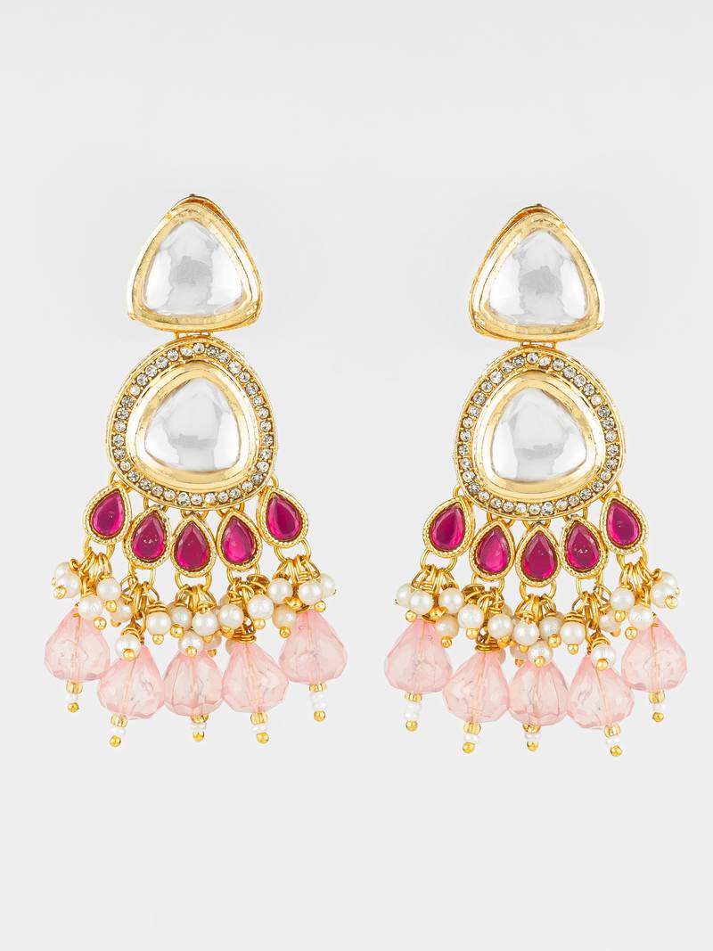 gold plated kundan & pink beaded chandbali earrings for women and girls