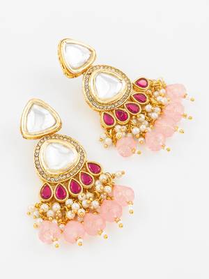 gold plated kundan & pink beaded chandbali earrings for women and girls 2