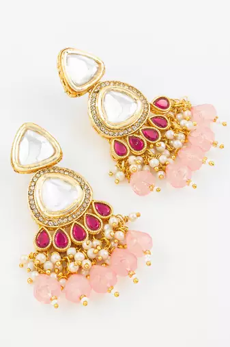 gold plated kundan & pink beaded chandbali earrings for women and girls