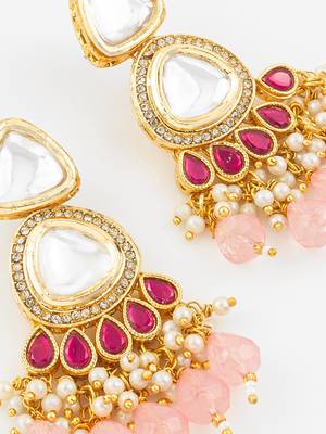 gold plated kundan & pink beaded chandbali earrings for women and girls 4