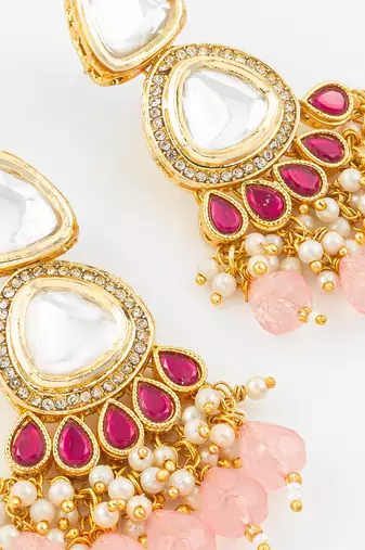 gold plated kundan & pink beaded chandbali earrings for women and girls