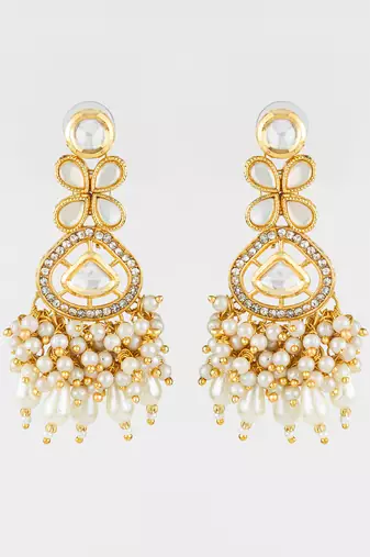 traditional kundan pearl cluster gold plated statement earrings for women and girls