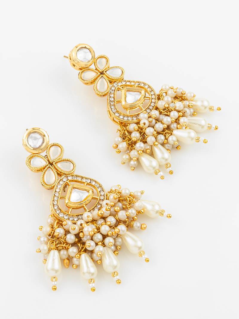 traditional kundan pearl cluster gold plated statement earrings for women and girls