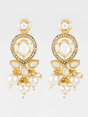 gold plated kundan & pearl cluster drop earrings for women and girls 1