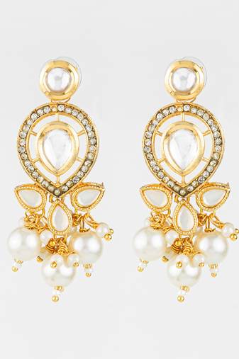 gold plated kundan & pearl cluster drop earrings for women and girls