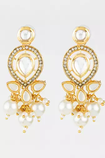 gold plated kundan & pearl cluster drop earrings for women and girls