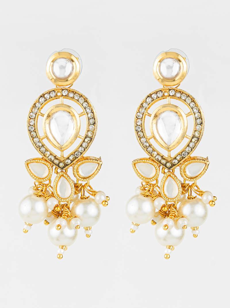 gold plated kundan & pearl cluster drop earrings for women and girls