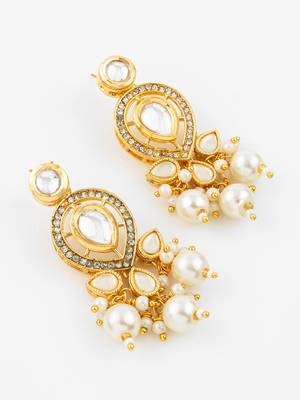 gold plated kundan & pearl cluster drop earrings for women and girls 2