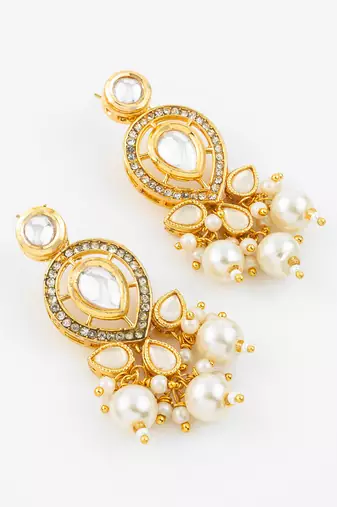 gold plated kundan & pearl cluster drop earrings for women and girls