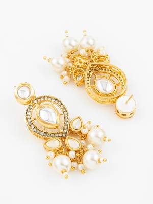gold plated kundan & pearl cluster drop earrings for women and girls 3