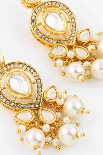 gold plated kundan & pearl cluster drop earrings for women and girls